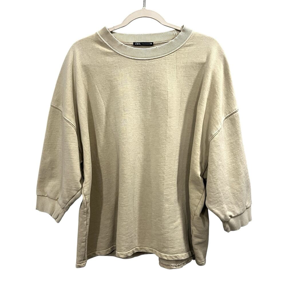 Zara Short Sleeve Sweatshirt Size Large Tan Crewneck Lagenlook Oversized